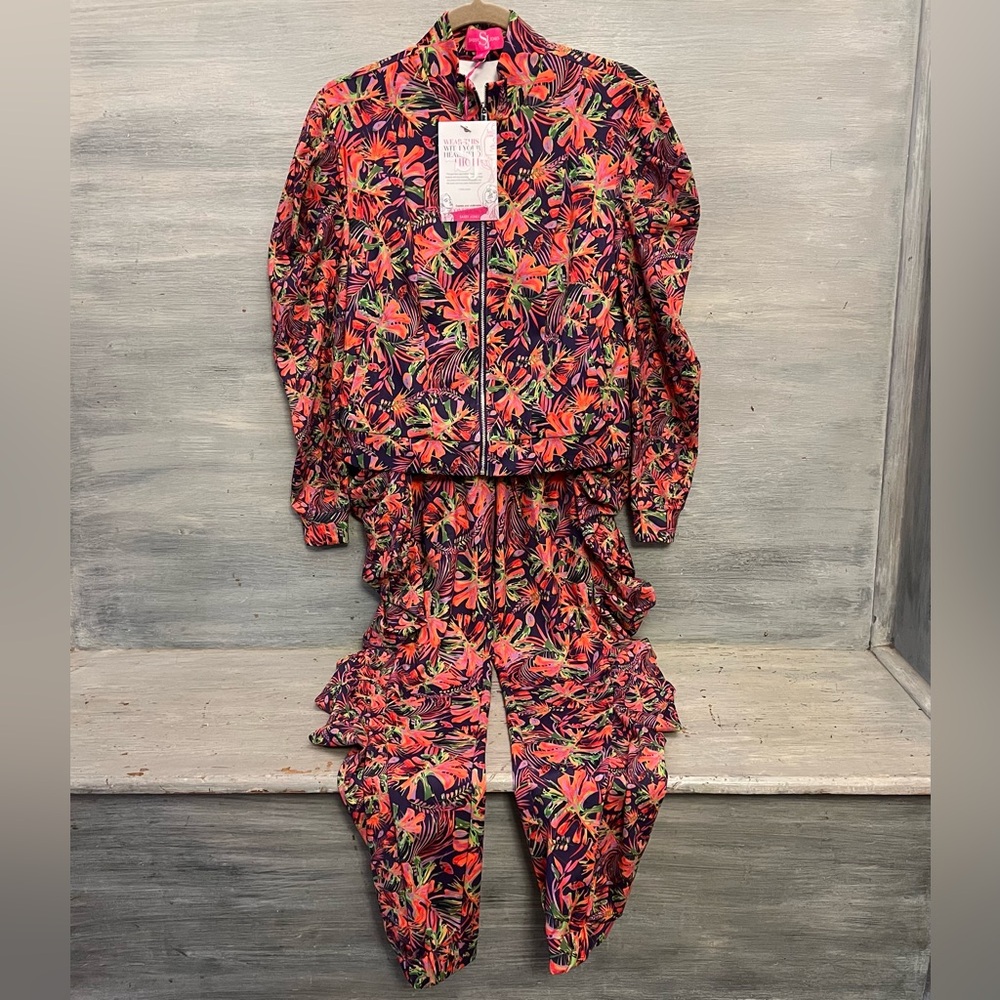 Sassy Jones Tropical Leaf Print Fashion Jacket‎ Pant Jogger Set Small NWT